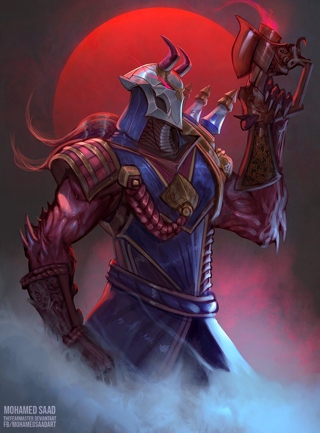 1boy armor artist_name blood_moon_(league_of_legends) blood_moon_jhin colored_skin commentary covered_face cowboy_shot deviantart_username english_commentary facebook_username fingernails fog glowing glowing_eye glowing_eyes gun highres holding holding_gun holding_weapon horned_mask horns jhin league_of_legends male_focus mask moon red_eyes red_hair red_moon red_skin sharp_fingernails shoulder_armor sleeveless smoke smoking_gun solo spiked_arm spikes standing thefearmaster weapon