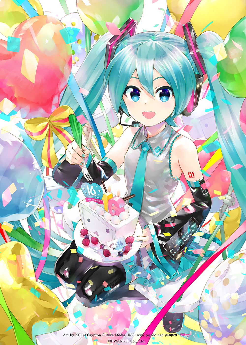 ._. 1girl anniversary aqua_eyes aqua_hair aqua_nails aqua_necktie balloon bare_shoulders birthday_cake black_skirt black_sleeves black_thighhighs blueberry bow cake candle commentary confetti crypton_future_media detached_sleeves food from_above fruit grey_shirt hair_ornament hatsune_miku headphones headset heart_balloon highres kei_(keigarou) long_hair looking_at_viewer miniskirt nail_polish necktie niconico number_candle piapro pleated_skirt raspberry ribbon second-party_source shiny_clothes shirt shoulder_tattoo sitting skirt sleeveless sleeveless_shirt solo star_balloon streamers striped_ribbon swing tattoo terebi-chan thighhighs triangle_mouth twintails very_long_hair vocaloid yellow_ribbon