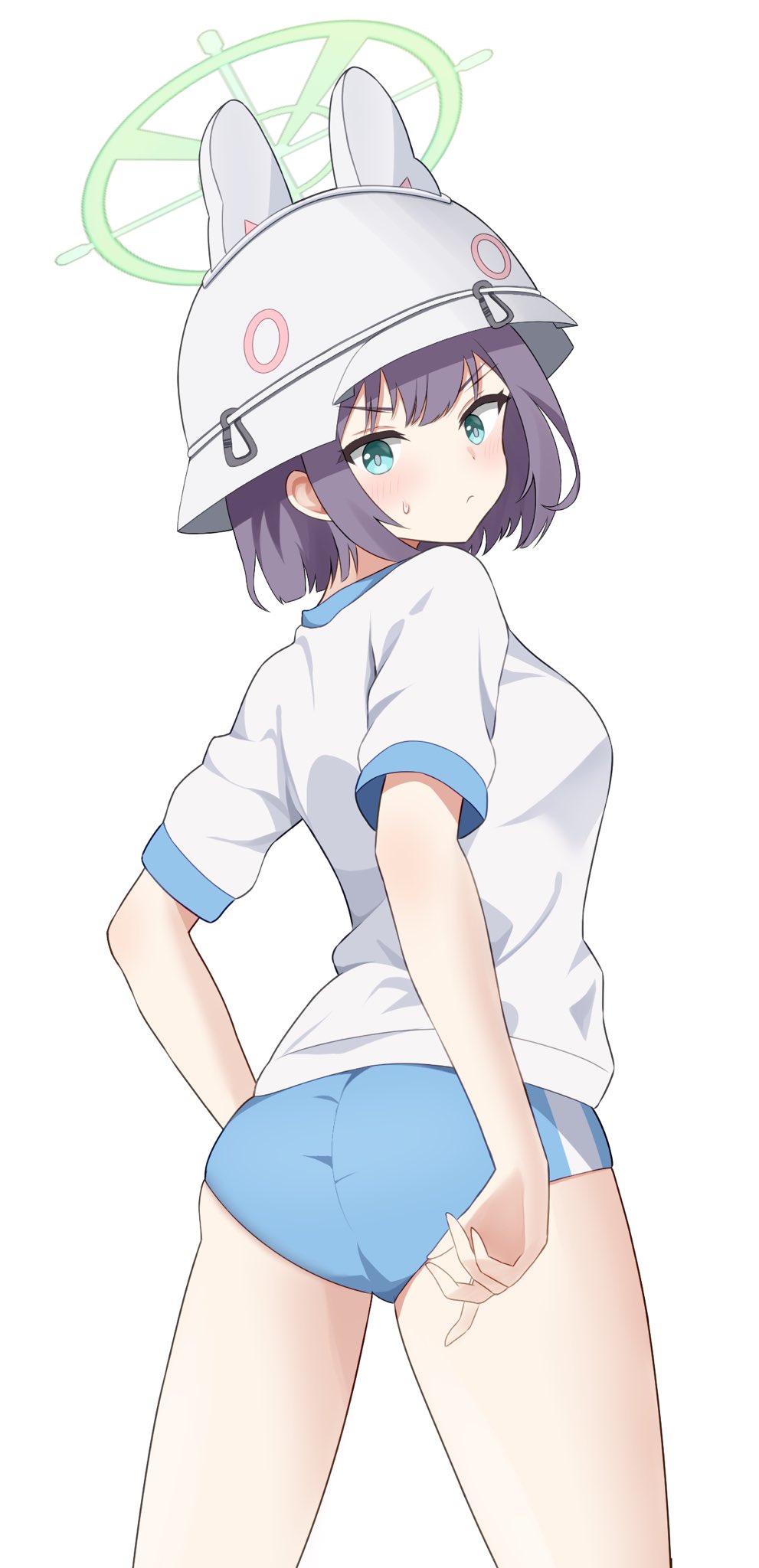 1girl adjusting_buruma adjusting_clothes animal_ears arm_behind_back bare_legs blue_archive blue_buruma blue_shirt blush breasts buruma closed_mouth commentary_request embarrassed fake_animal_ears from_behind from_side green_eyes green_halo gym_uniform halo hat head_tilt highres medium_breasts medium_hair parted_bangs purple_hair rabbit_ears rabbit_platoon_(blue_archive) raimu_(clanberry000) saki_(blue_archive) shirt short_sleeves sidelocks simple_background sportswear standing sweatdrop swept_bangs thighs two-tone_shirt white_background white_hat white_shirt