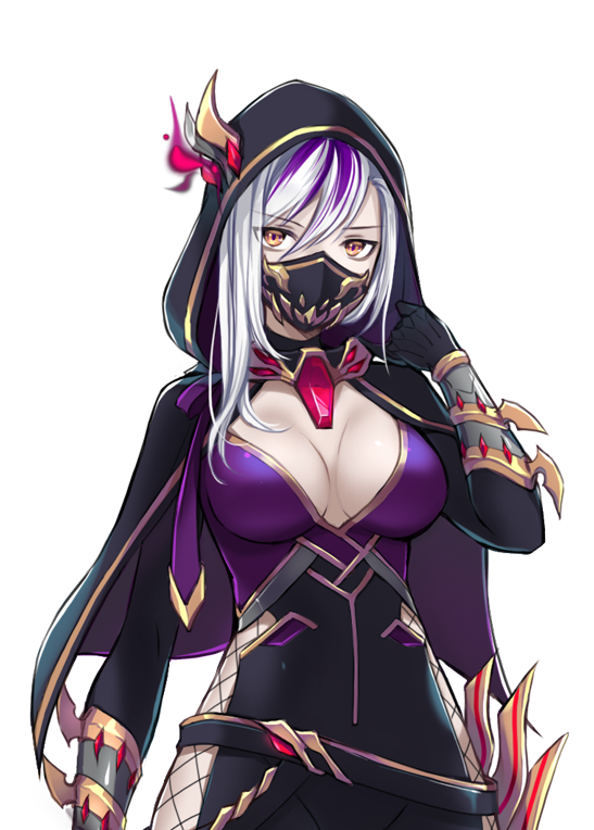1girl black_bodysuit black_capelet black_gloves black_hood black_sleeves bodysuit breasts breasts_apart capelet clothing_cutout fishnets game_cg gem gloves grey_hair hand_up large_breasts looking_at_viewer mask master_of_eternity medium_hair mouth_mask multicolored_hair ninja non-web_source official_art purple_bodysuit purple_hair red_gemstone shadow_(master_of_eternity) side_cutout simple_background solo streaked_hair swept_bangs transparent_background two-tone_bodysuit two-tone_hair vambraces
