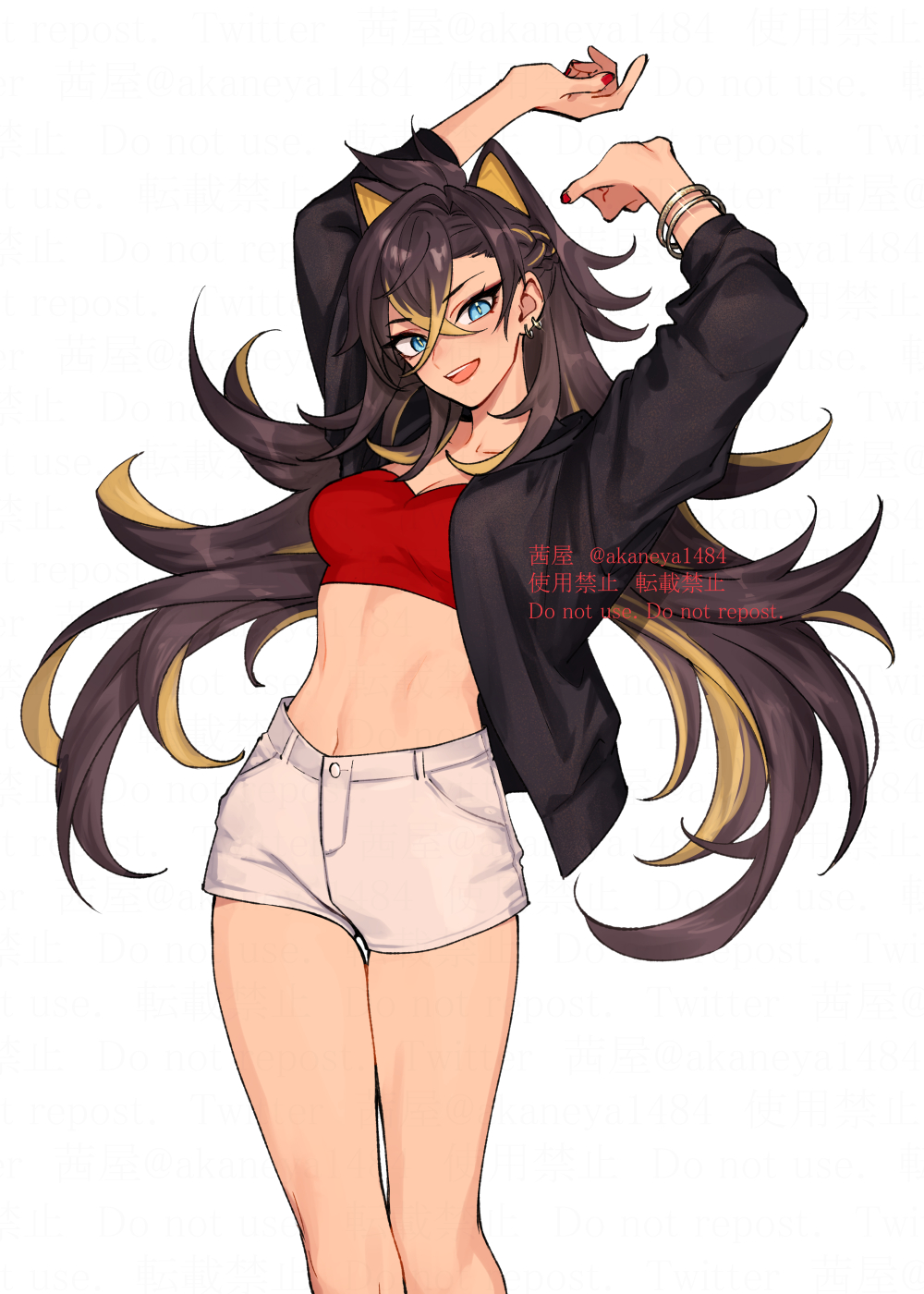 1girl :d arms_up black_hair black_jacket blonde_hair blue_eyes bra bracelet collar cropped_shirt crossed_bangs dark-skinned_female dark_skin dehya_(genshin_impact) genshin_impact hair_between_eyes hair_ears hair_intakes highres jacket jewelry long_hair looking_at_viewer midriff multicolored_hair nail_polish navel ojo_aa red_nails red_tube_top shorts smile solo stomach strapless streaked_hair teeth thighs toned tube_top twitter_username two-tone_hair underwear upper_teeth_only very_long_hair white_background white_shorts yellow_pupils