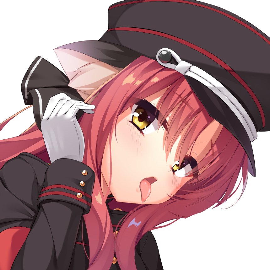 1girl animal_ear_fluff animal_ears aria_(koiiroharemoyou) black_hat blush close-up commentary_request commission dracu-riot! eyes_visible_through_hair gloves hair_between_eyes hand_up hat kemonomimi_mode long_hair long_sleeves looking_at_viewer military_hat red_hair sidelocks simple_background skeb_commission solo tongue tongue_out tsurime white_background white_gloves yarai_miu yellow_eyes