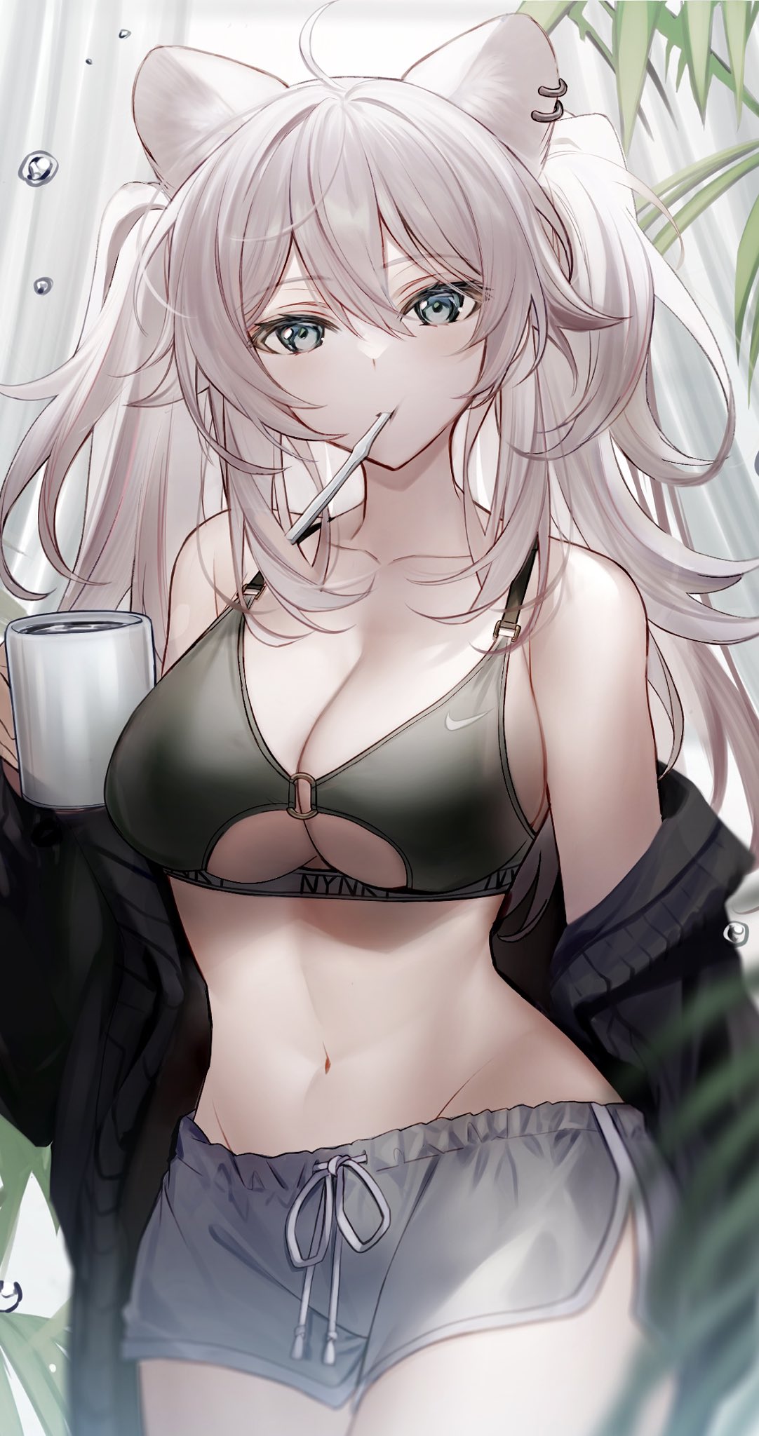 1girl ahoge animal_ears bare_shoulders bikini bikini_top_only black_jacket breasts cleavage commentary cowboy_shot cup grey_eyes grey_hair grey_shorts groin highres holding holding_cup hololive jacket kawachi_rin large_breasts lion_ears long_hair looking_at_viewer mouth_hold mug navel off_shoulder open_clothes open_jacket shishiro_botan short_shorts shorts solo standing stomach swimsuit two_side_up very_long_hair