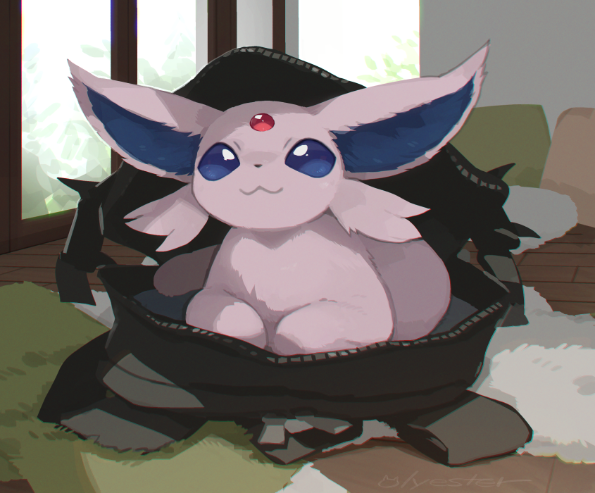 2024 ambiguous_gender black_nose blue_inner_ear eeveelution espeon feral forehead_gem fur gem generation_2_pokemon inside light_body light_ears light_fur looking_up nagasaki_wonderful_polyester nintendo pokemon pokemon_(species) signature solo