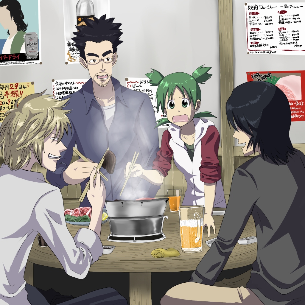 1girl 3boys aged_up alcohol beer beer_mug chopsticks cup drinking_glass eating father_and_daughter holding holding_chopsticks indian_style jacky_(artist) jumbo koiwai_yotsuba mr._koiwai mug multiple_boys quad_tails round_table short_hair sitting table thick_eyebrows v-shaped_eyebrows yanda yotsubato!