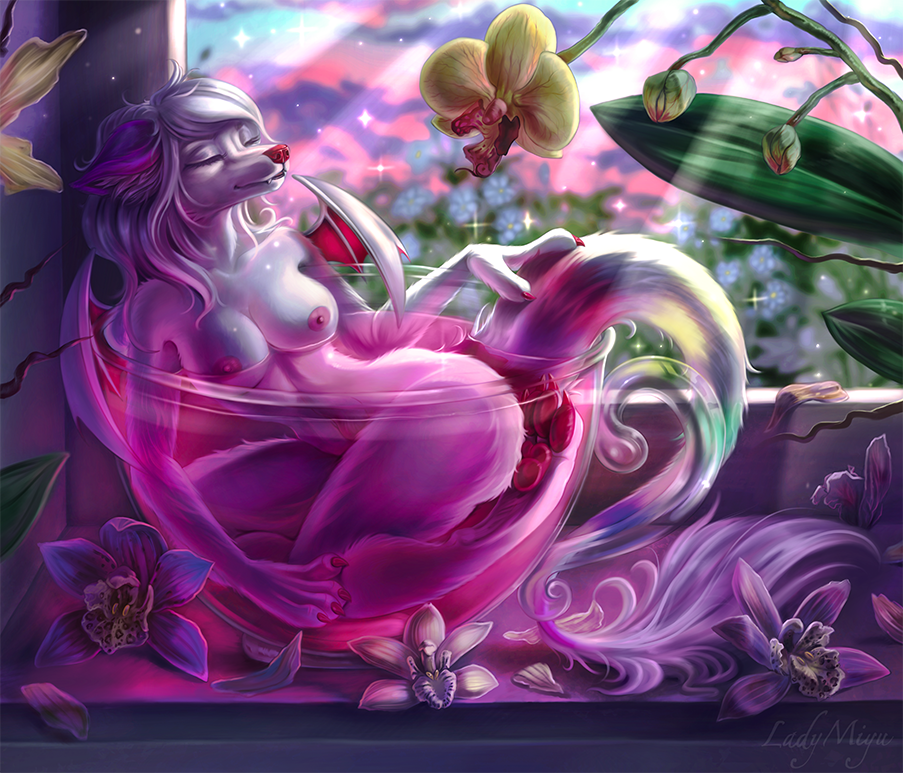 anthro bathe breasts canid cup detailed_background female flower hair lady_miyu_(artist) lunaloveslife mammal multicolored_tail nipples orchid_(flower) plant relaxing solo tea_cup