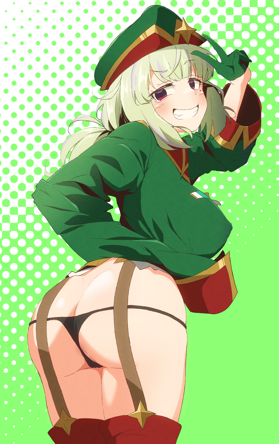 1girl araga_kiwi ass ass_focus black_panties blush breasts butt_crack coat eleg98 empty_eyes green_hair green_sleeves highres leoparde_(mahou_shoujo_ni_akogarete) long_sleeves looking_at_viewer mahou_shoujo_ni_akogarete military_coat mole mole_under_eye navel open_mouth panties simple_background smile solo underwear v very_long_sleeves