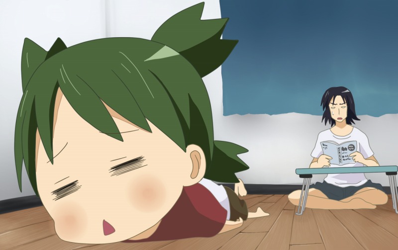 1boy 1girl =_= big_head black_hair folding_table green_hair jacky_(artist) koiwai_yotsuba lying lying_on_floor mr._koiwai on_floor on_stomach perspective reading shirt small_sweatdrop table triangle_mouth white_shirt yotsubato!