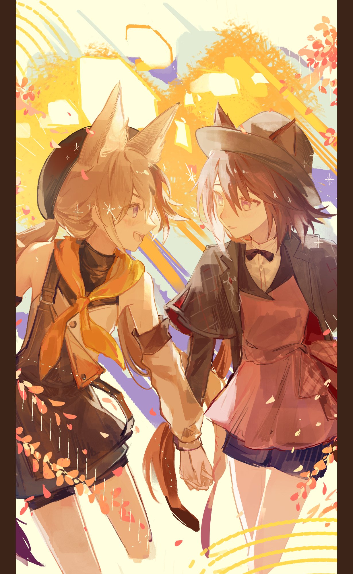 2girls abstract_background animal_ear_fluff animal_ears arknights beret black_dress black_hat black_jacket blonde_hair blue_shorts brown_hair cardigan_(arknights) cardigan_(sunny_day)_(arknights) cat_ears commentary couple cropped_legs detached_sleeves dog_ears dress ears_through_headwear fedora hat highres holding_hands jacket looking_at_another melantha_(arknights) melantha_(letters_from_wessex)_(arknights) multiple_girls neckerchief purple_eyes red_dress shorts shorts_under_dress tomamo09 white_jacket yellow_background yellow_eyes yellow_neckerchief yuri