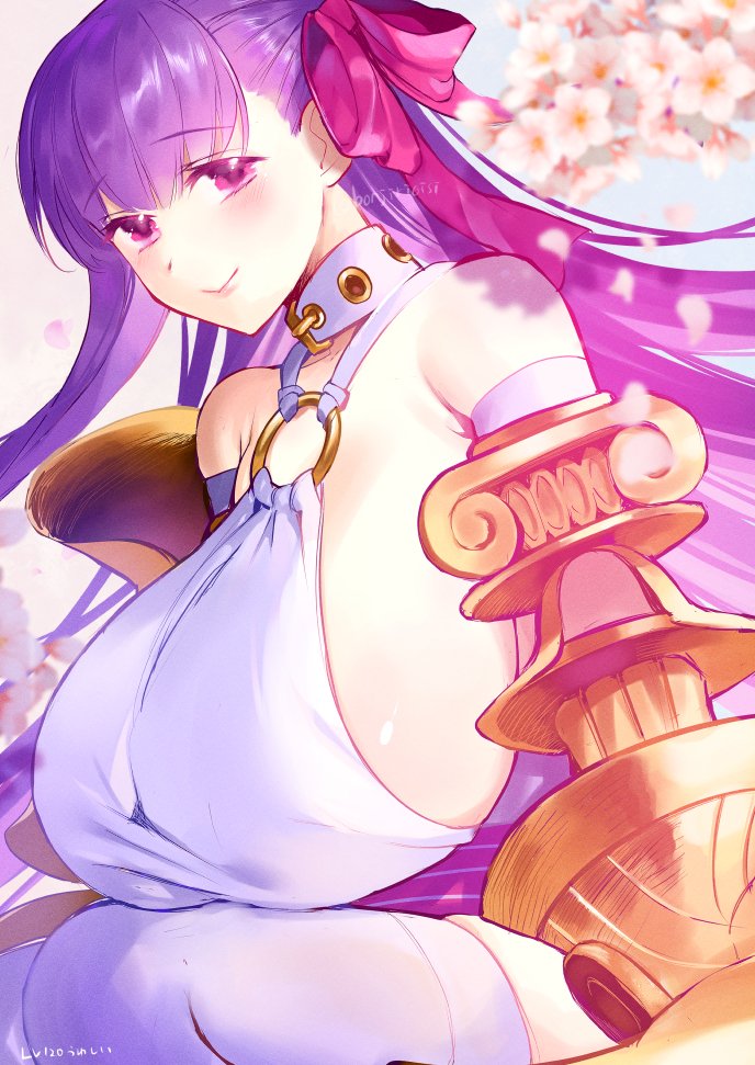 1girl bare_shoulders belt_collar blush bow breasts claw_(weapon) claws collar fate/extra fate/extra_ccc fate/grand_order fate_(series) gigantic_breasts hair_ribbon long_hair looking_at_viewer o-ring o-ring_top passionlip_(fate) passionlip_(third_ascension)_(fate) pink_eyes pink_ribbon purple_hair ribbon sentaku_nori sideboob smile solo thighhighs very_long_hair weapon