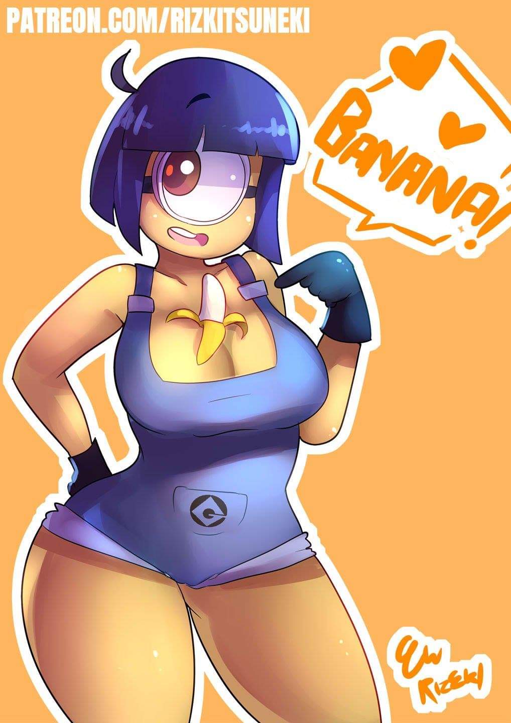 &lt;3 anthro banana bangs black_hair breasts cleavage clothed clothing crossgender cyclops despicable_me eyewear female food fruit glasses gloves hair handwear hi_res humanoid illumination_entertainment looking_at_viewer messy_hair minion_(despicable_me) one-piece_swimsuit open_mouth plant simple_background smile solo swimwear text unknown_artist url yellow_body yellow_skin