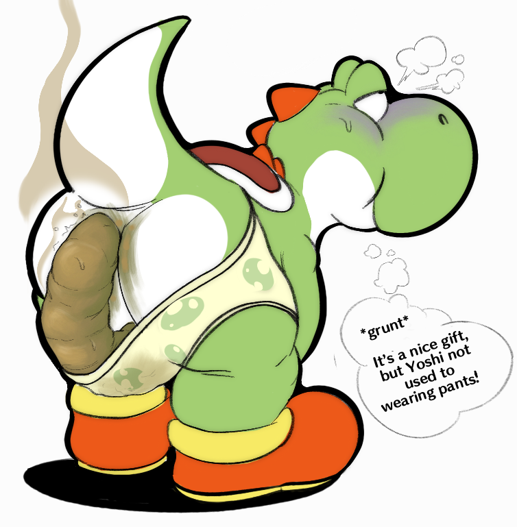 2023 anthro anus ass_up bent_over blush breath clothed clothing dialogue feces feces_on_body feces_on_butt footwear generalstank green_body green_yoshi grunt grunting male mario_bros nintendo partially_clothed purple_blush scat shoes soiling soiling_underwear solo stink_lines talking_to_self text thought_bubble underwear underwear_down yoshi