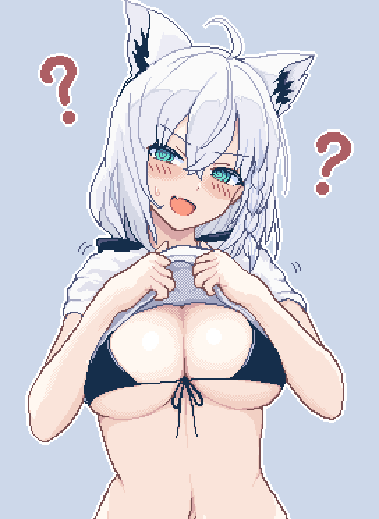 1girl ? @_@ ahoge alternate_costume animal_ears bikini black_bikini blue_background blush braid breasts cleavage clothes_lift commentary fang fox_ears fox_girl front-tie_bikini_top front-tie_top green_eyes hair_between_eyes hololive lifted_by_self looking_at_viewer navel open_mouth pixel_art shirakami_fubuki shirt shirt_lift single_braid skin_fang solo stomach swimsuit symbol-only_commentary upper_body virtual_youtuber white_hair white_shirt zou_eita