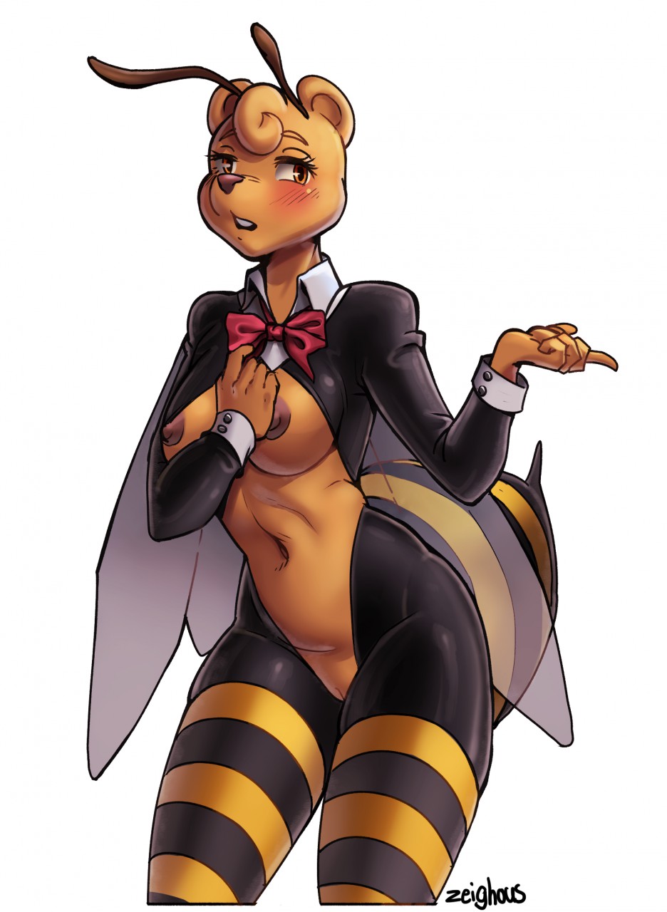 antennae_(anatomy) anthro arthropod bee bee_costume blush bottomless bow_tie breasts clothed clothing female genitals hi_res hybrid hymenopteran insect legwear mammal nipples pattern_clothing pattern_legwear pattern_stockings pussy skimpy solo standing stinger stockings striped_clothing striped_legwear striped_stockings stripes thigh_highs ursid wings zeighous