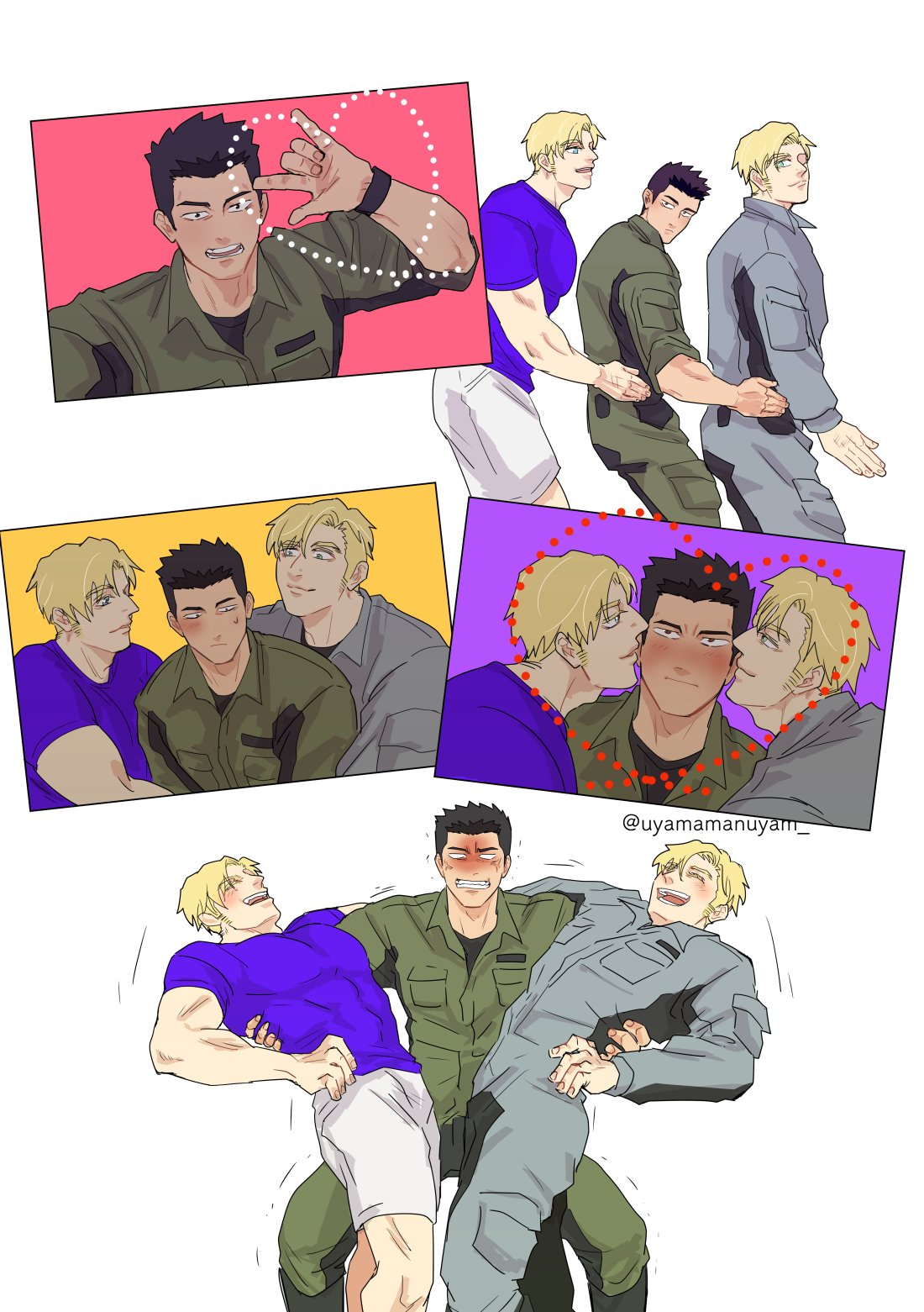 3boys ao_isami black_hair blonde_hair blush boy_sandwich clone collage couple double_cheek_kiss facial_hair feet_out_of_frame full-face_blush grin happy heart heavy highres kiss kissing_cheek laughing lewis_smith male_focus multiple_boys sandwiched shorts sideburns_stubble smile stubble thick_eyebrows uyamamanuyam w yaoi yuuki_bakuhatsu_bang_bravern