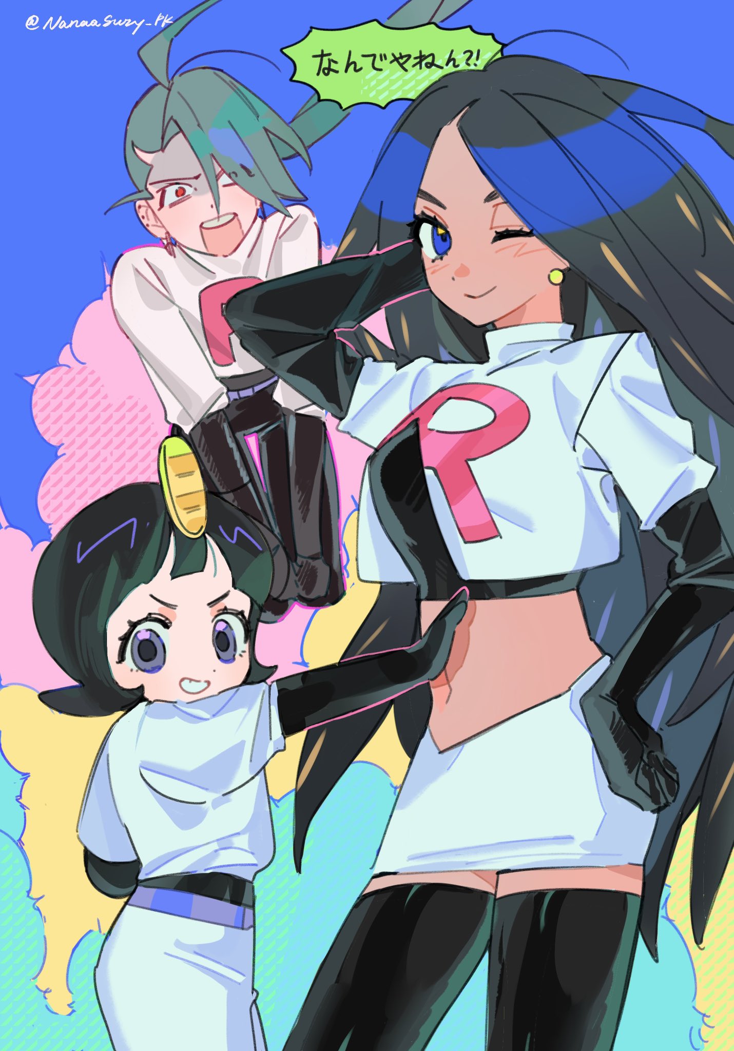 3girls abstract_background ahoge arm_on_own_head artist_name black_gloves black_hair black_thighhighs blue_eyes commentary contrapposto cosplay dark-skinned_female dark_skin earrings eyelashes geeta_(pokemon) gloves green_hair highres james_(pokemon) james_(pokemon)_(cosplay) jessie_(pokemon) jessie_(pokemon)_(cosplay) jewelry long_hair medium_hair multicolored_background multiple_girls nanaasuzy_pk navel one_eye_closed pencil_skirt pokemon pokemon_(anime) pokemon_(classic_anime) pokemon_sv poppy_(pokemon) red_eyes rika_(pokemon) skirt smile sphere_earrings surprised symbol-only_commentary team_rocket team_rocket_uniform teeth thighhighs translation_request twitter_username v-shaped_eyebrows white_skirt