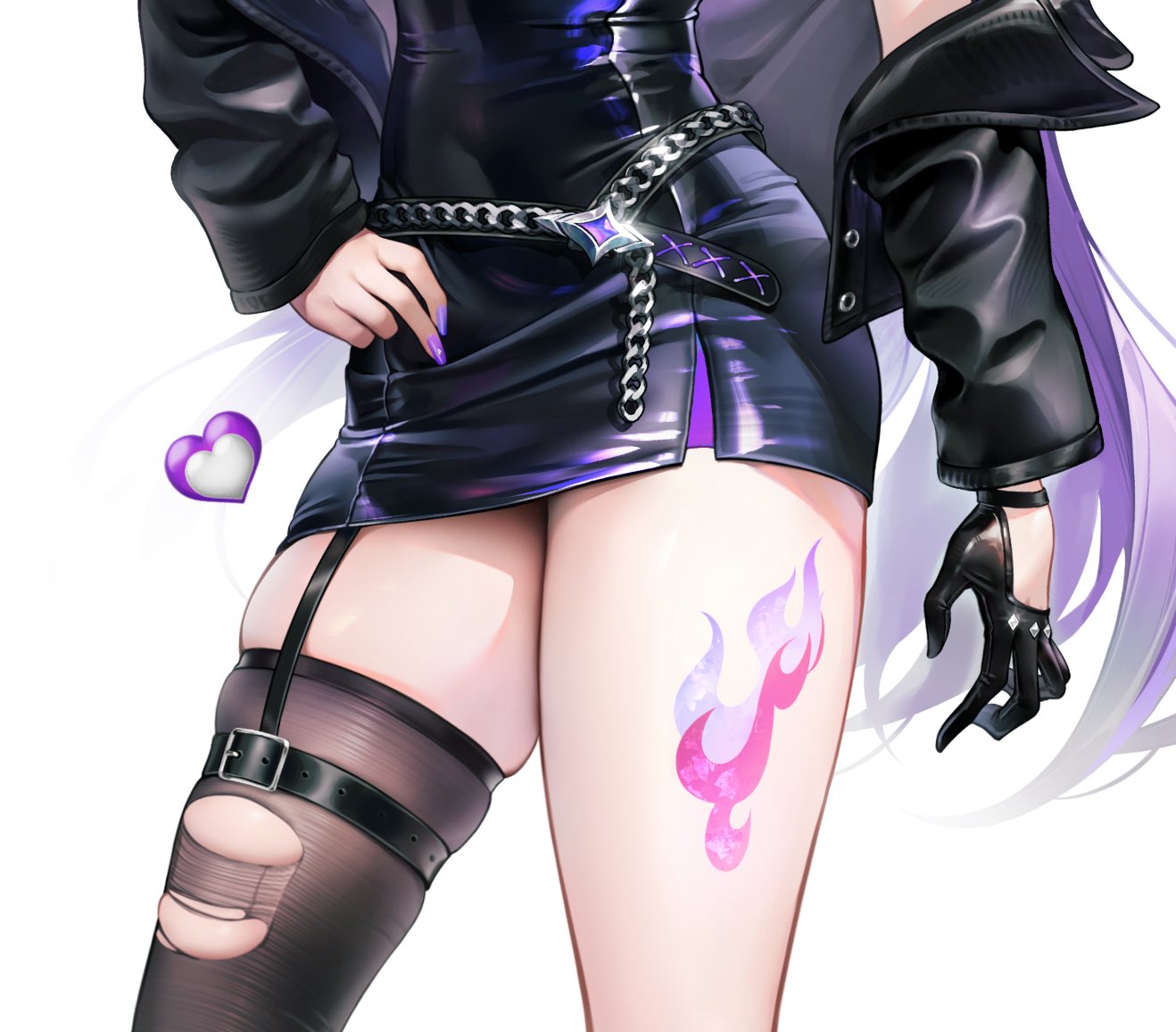 1girl 1i1 acheron_(honkai:_star_rail) commentary english_commentary grey_background honkai:_star_rail honkai_(series) leg_tattoo long_hair purple_hair simple_background skindentation solo tattoo thigh_focus very_long_hair