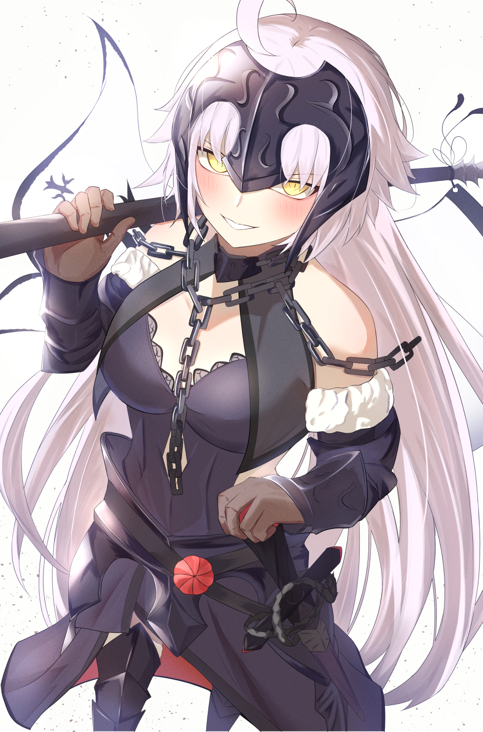 1girl armor bare_shoulders black_gloves blush breasts chain cleavage clothing_cutout elbow_gloves fate/grand_order fate_(series) fur_trim gauntlets gloves headpiece highres jeanne_d'arc_alter_(avenger)_(fate) jeanne_d'arc_alter_(avenger)_(third_ascension)_(fate) jeanne_d'arc_alter_(fate) large_breasts long_hair looking_at_viewer simple_background smile solo sword thighhighs umi_endu very_long_hair weapon white_background yellow_eyes