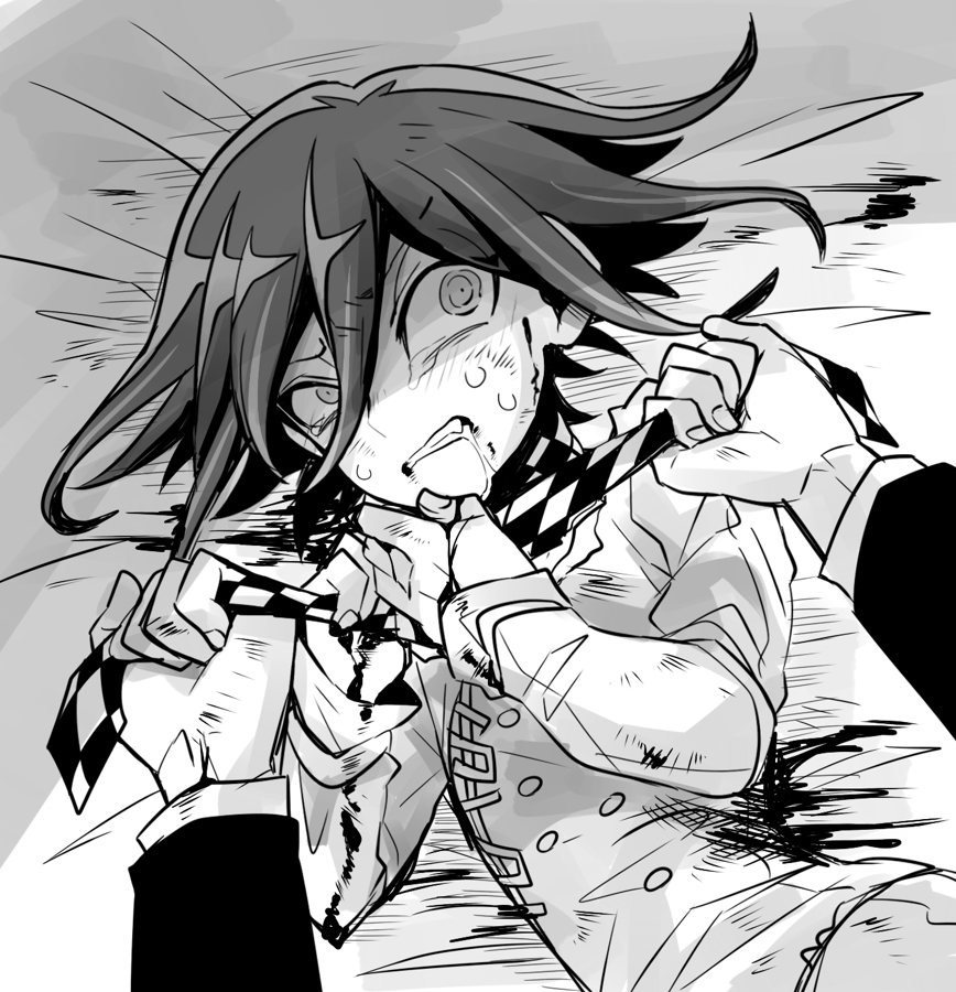 2boys arm_belt breathplay checkered_clothes checkered_scarf clenched_teeth commentary_request cowboy_shot crying crying_with_eyes_open danganronpa_(series) danganronpa_v3:_killing_harmony drooling fingernails furrowed_brow greyscale hair_between_eyes layered_sleeves long_sleeves looking_at_viewer lying mako_gai male_focus monochrome multiple_boys oma_kokichi on_back pants pov pov_hands saihara_shuichi scarf short_hair solo_focus strangling tears teeth wide-eyed yaoi