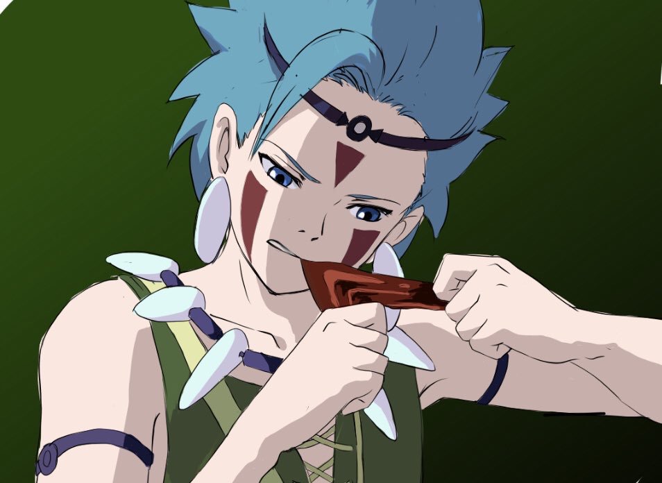 1boy bare_shoulders blue_eyes blue_hair camus_(dq11) circlet collarbone cosplay dragon_quest dragon_quest_xi earrings eating food green_background green_shirt hands_up holding jewelry male_focus meat mondi_hl necklace parted_lips san san_(cosplay) shirt solo tattoo upper_body