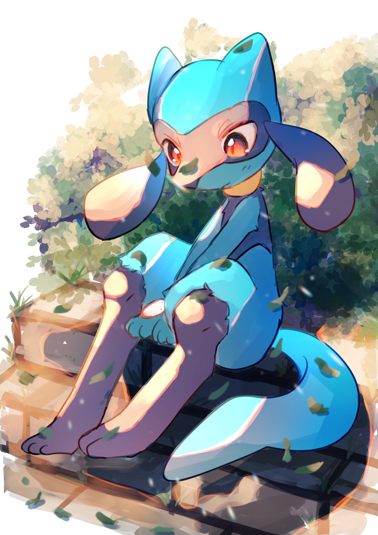 blue_fur bush closed_mouth commentary_request furry highres lxipceluceos5r6 outdoors pokemon pokemon_(creature) red_eyes riolu sitting sitting_on_stairs stairs tail white_background