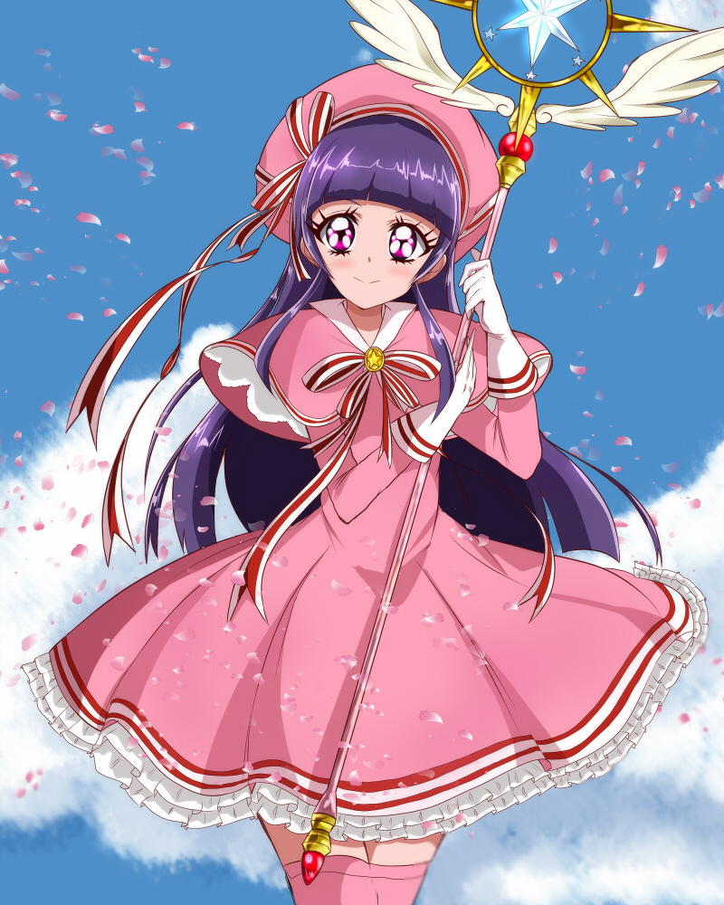 1girl beret blue_sky blunt_bangs capelet cardcaptor_sakura cherry_blossoms closed_mouth cloud cloudy_sky commentary cosplay cowboy_shot day dress frilled_dress frills gloves haru_(nature_life) hat holding holding_staff hoshi_no_tsue izayoi_liko kinomoto_sakura kinomoto_sakura_(cosplay) long_hair long_sleeves looking_at_viewer magical_girl mahou_girls_precure! medium_dress outdoors petals pink_capelet pink_dress pink_hat pink_thighhighs precure purple_eyes purple_hair sky smile solo staff standing thighhighs white_gloves