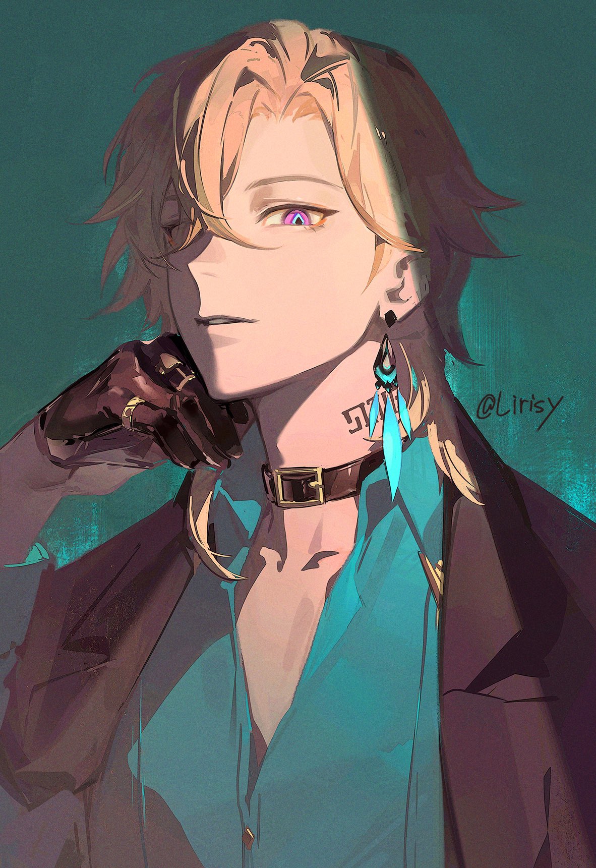 1boy aqua_shirt aventurine_(honkai:_star_rail) black_choker black_gloves blonde_hair choker collared_shirt earrings gloves hair_between_eyes highres honkai:_star_rail honkai_(series) jewelry lirisy looking_at_viewer male_focus multicolored_eyes neck_tattoo ring shirt short_hair simple_background tattoo