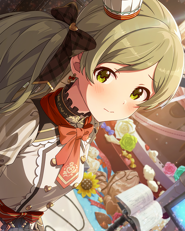 1girl blush bow bowtie breasts buttons cake candy chocolate chocolate_cake closed_mouth collar dot_nose double-breasted dress dutch_angle earrings embarrassed eyelashes fluffy_hair food frilled_collar frilled_dress frills grey_hair handa_roco hat heart heart-shaped_chocolate heart-shaped_ornament heart_button idolmaster idolmaster_million_live! idolmaster_million_live!_theater_days indoors jewelry long_hair mini_chef_hat mini_hat official_alternate_costume official_alternate_hairstyle official_art parted_bangs patissier producer_(idolmaster) puffy_short_sleeves puffy_sleeves red_bow red_bowtie short_sleeves shy side_ponytail sidelocks small_breasts solo sparkle studio upper_body very_long_hair wavy_hair yellow_eyes