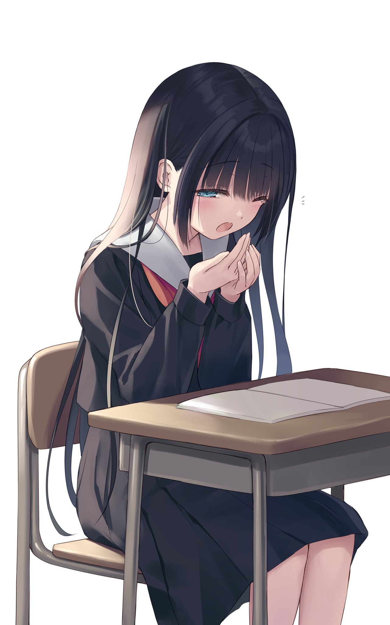 1girl :o black_hair black_serafuku black_shirt black_skirt blue_eyes blush book chair desk dot_nose feet_out_of_frame highres legs_together long_hair long_sleeves looking_at_viewer na-ga neckerchief notice_lines one_eye_closed open_book open_mouth original own_hands_together pleated_skirt red_neckerchief sailor_collar school_chair school_desk school_uniform serafuku shirt sidelocks simple_background sitting skirt solo straight_hair white_background white_sailor_collar yawning