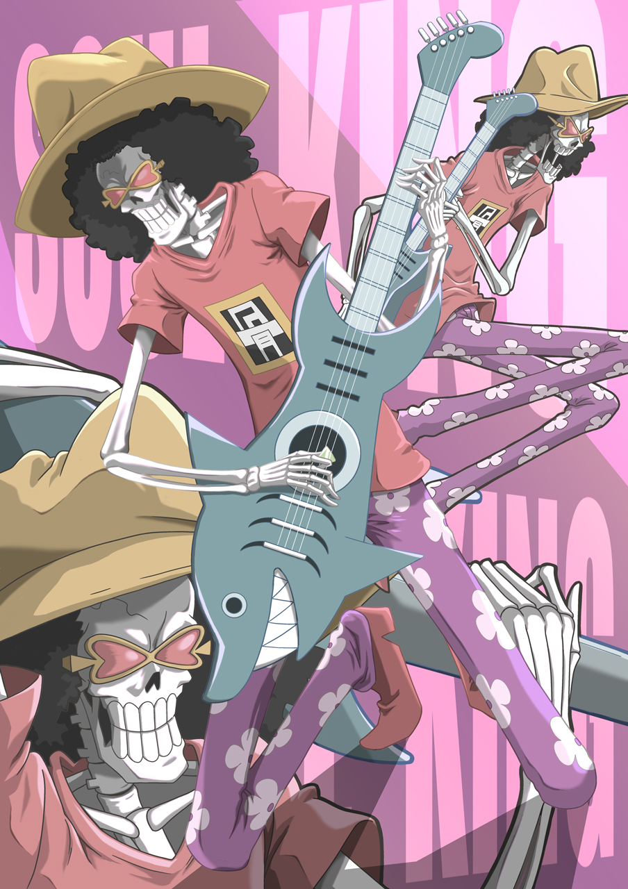 1boy afro alternate_costume black_hair brook_(one_piece) clenched_teeth commentary_request english_commentary english_text guitar hat highres holding holding_guitar holding_instrument instrument male_focus mixed-language_commentary music oda_eiichirou official_art one_piece pink-tinted_eyewear playing_guitar playing_instrument shirt short_sleeves skeleton sunglasses teeth tinted_eyewear yellow-framed_eyewear