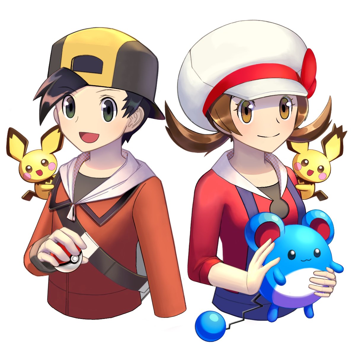 1boy 1girl :d backwards_hat black_eyes black_hair blue_overalls brown_eyes brown_hair cabbie_hat closed_mouth ethan_(pokemon) hat holding holding_poke_ball holding_pokemon hosimati_yukari long_sleeves looking_at_viewer lyra_(pokemon) marill on_shoulder open_mouth overalls pichu poke_ball poke_ball_(basic) pokemon pokemon_(creature) pokemon_hgss pokemon_on_shoulder red_shirt shirt smile spiky-eared_pichu twintails upper_body white_hat