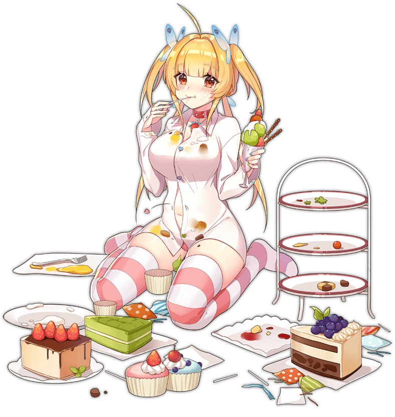 1girl ahoge ark_order artist_request beelzebub_(ark_order) blonde_hair blunt_bangs blush breasts butterfly_hair_ornament buttons cake candy candy_wrapper checkerboard_cookie chocolate collar convenient_censoring cookie cream cream_on_face cup cupcake dessert dress_shirt food food_on_face fork fruit full_body hair_ornament heart_button holding holding_cup holding_spoon ice_cream large_breasts long_sleeves low_twintails matcha_(food) muffin multicolored_nails nail_polish official_art parfait plate popped_button red_eyes shirt sidelocks simple_background sitting skindentation solo spoon strawberry striped_clothes striped_thighhighs tachi-e thighhighs tiered_tray transparent_background twintails two_side_up utensil_in_mouth wafer_stick wariza whipped_cream white_shirt