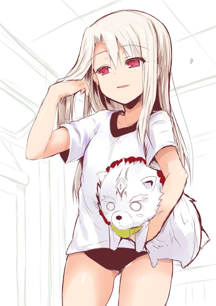 1girl bear black_buruma breasts buruma cub fate/grand_order fate_(series) long_hair looking_to_the_side open_mouth polar_bear red_eyes sen_(astronomy) shirou_(bear)_(fate) shirt short_sleeves sidelocks sitonai_(fate) small_breasts smile thighs white_hair white_shirt