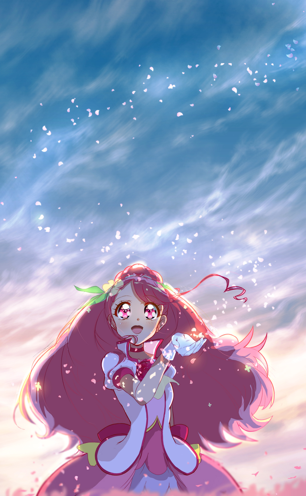 1girl back_bow bow choker commentary cure_grace dress flower flower_brooch gloves green_ribbon hair_flower hair_ornament hair_ribbon hanadera_nodoka haru_(nature_life) healin'_good_precure heart heart_hair_ornament highres jacket long_hair looking_at_viewer open_mouth outdoors overcast petals pink_bow pink_choker pink_dress pink_eyes pink_hair precure puffy_short_sleeves puffy_sleeves ribbon short_sleeves sky smile solo standing white_gloves white_jacket wide_ponytail wind yellow_flower