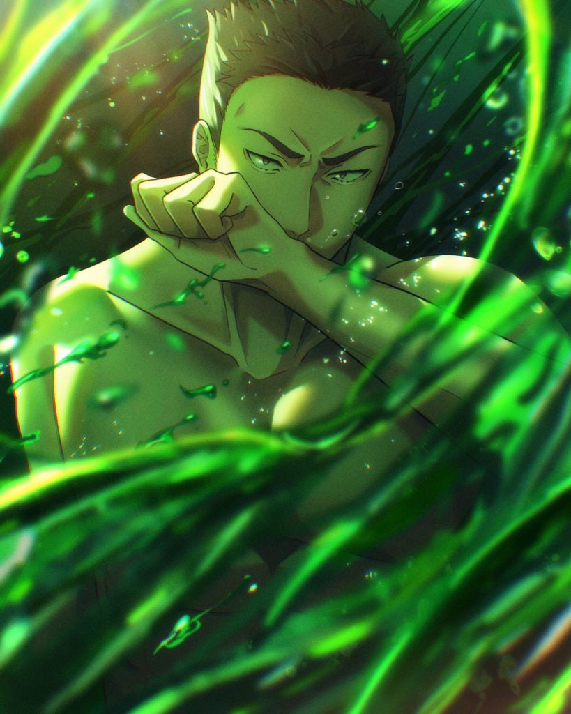 1boy ao_isami artist_request black_hair facial_hair hand_up light_frown male_focus nude sideburns_stubble slime_(substance) solo splashing stubble thick_eyebrows upper_body water_drop yuuki_bakuhatsu_bang_bravern