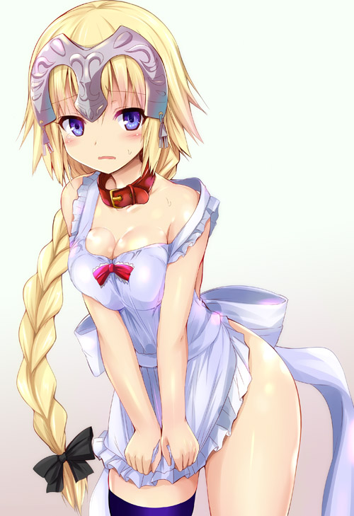 1girl apron bare_shoulders blonde_hair blue_eyes blush braid braided_ponytail breasts cleavage collar collarbone fate/apocrypha fate_(series) headpiece jeanne_d'arc_(fate) jeanne_d'arc_(ruler)_(fate) large_breasts long_hair looking_at_viewer naked_apron open_mouth sen_(astronomy) single_thighhigh solo thighhighs thighs very_long_hair white_apron