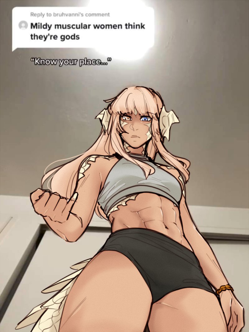 1girl abs au_ra black_shorts blonde_hair blue_eyes breasts clenched_hand commentary dane_(daneari) dark-skinned_female dark_skin english_commentary english_text final_fantasy final_fantasy_xiv from_below frown grey_sports_bra heterochromia lizard_tail meme micro_shorts mildly_muscular_women_think_they're_gods_(meme) navel photo-referenced reptile_girl shorts small_breasts solo sports_bra sportswear tail toned warrior_of_light_(ff14) workout_clothes yellow_background