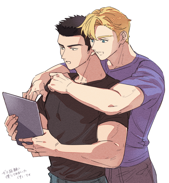 2boys ao_isami arm_around_shoulder black_hair blonde_hair couple cowboy_shot facial_hair holding holding_tablet_pc lewis_smith looking_ahead maji_(m) male_focus multiple_boys pectorals sideburns_stubble stubble tablet_pc thick_eyebrows toned toned_male yaoi yuuki_bakuhatsu_bang_bravern