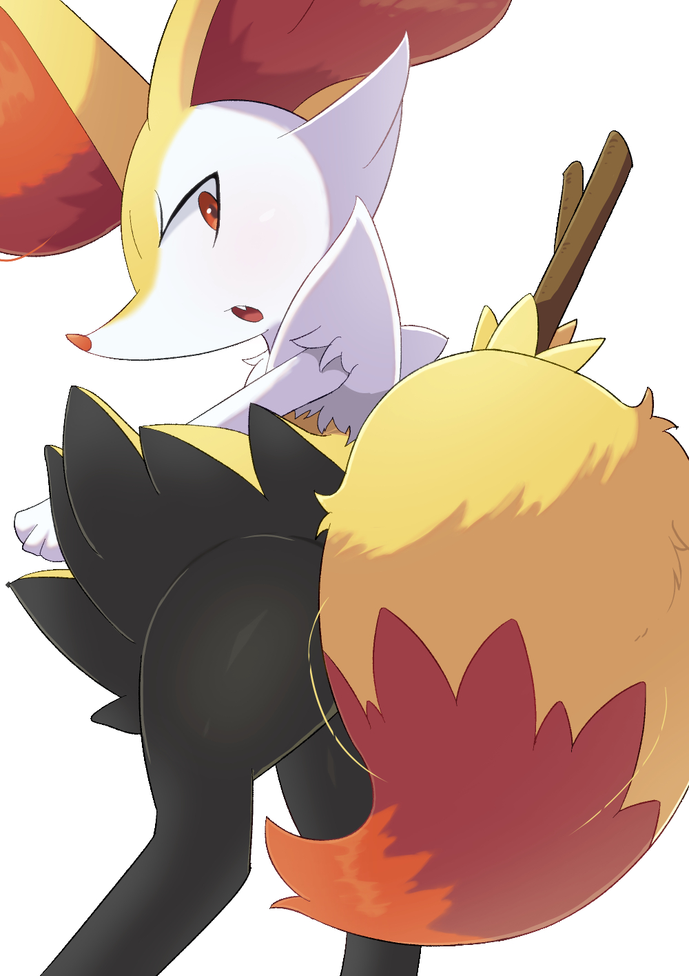 ambiguous_gender anthro biped black_body black_fur braixen fur generation_6_pokemon hi_res nintendo open_mouth orange_body orange_fur pokemon pokemon_(species) red_eyes rumine simple_background solo tail white_background white_body white_fur yellow_body yellow_fur