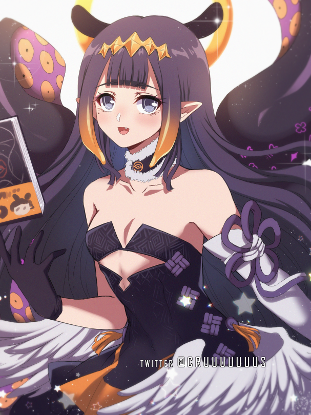1girl bangs bare_shoulders black_dress black_gloves blue_eyes blunt_bangs blush book breasts collarbone commentary_request criis-chan detached_sleeves dress fang feathered_wings floating floating_object fur_choker gloves halo hand_up hololive hololive_english long_hair looking_at_viewer mole mole_under_eye ninomae_ina'nis open_mouth orange_dress pointy_ears purple_hair purple_ribbon ribbon small_breasts smile solo symbol_commentary tentacle_hair tentacles twitter_username two-tone_dress virtual_youtuber white_wings wings