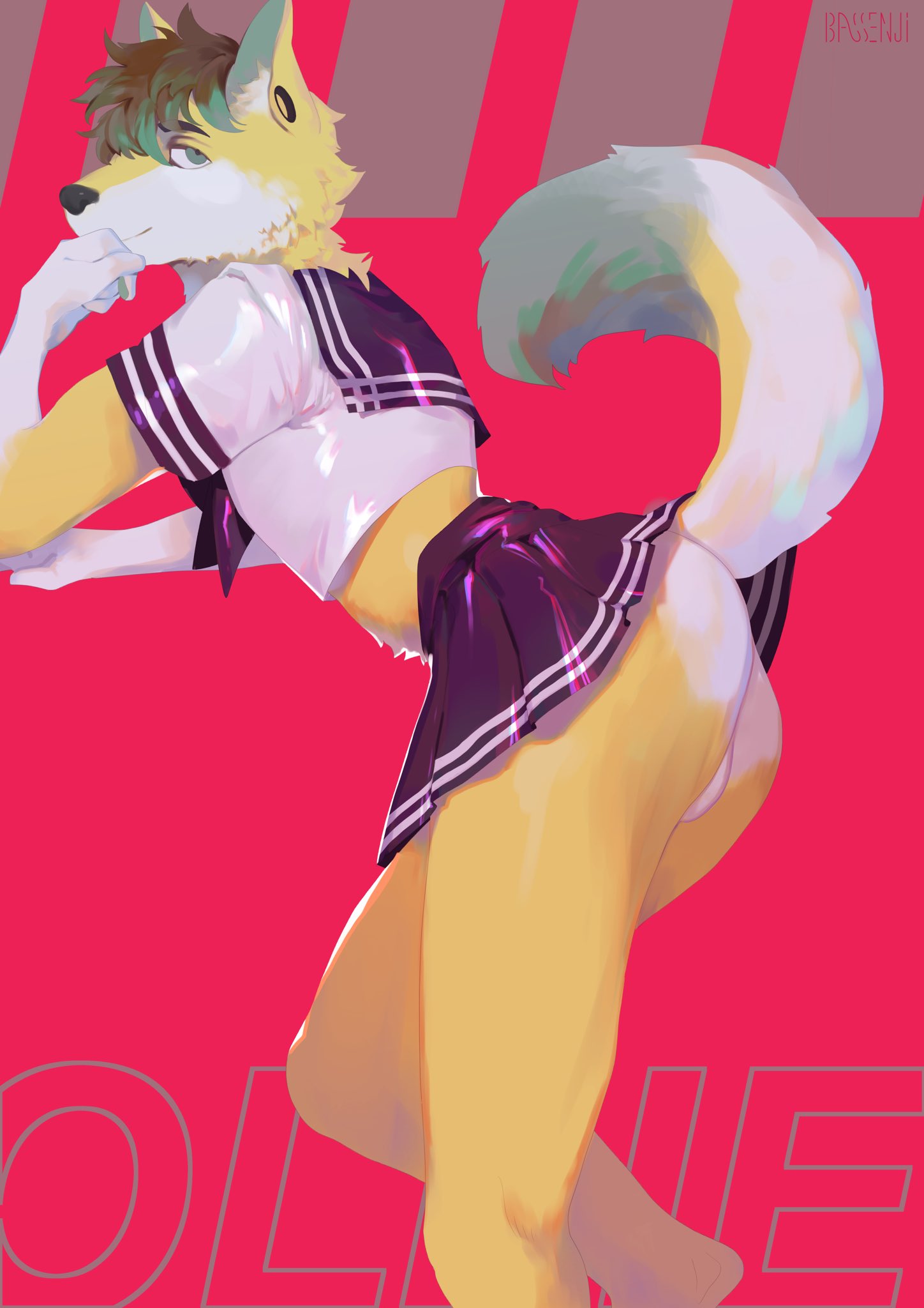 anthro barefoot bassenji bottomwear canid canine clothed clothing crossdressing fox hi_res looking_at_viewer male mammal raised_tail red_background rubber sailor_uniform simple_background skirt smile smirk solo tail_upskirt uniform