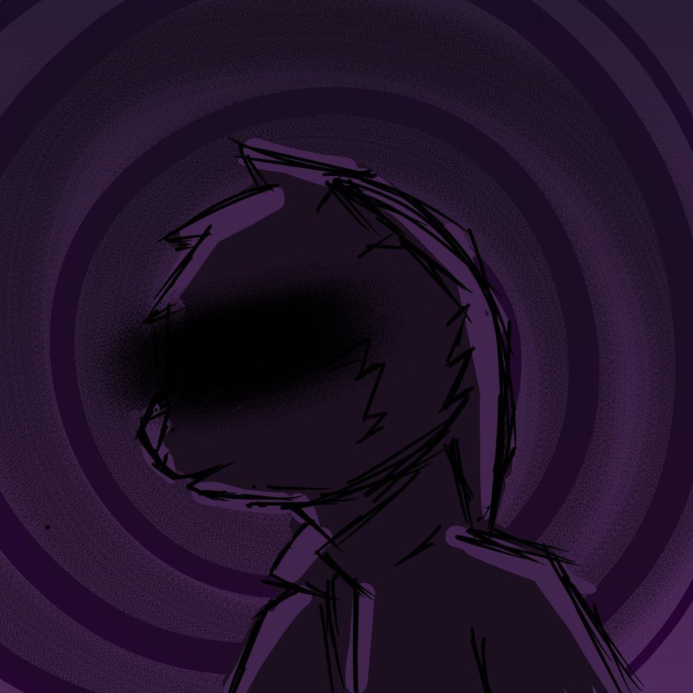 1:1 abstract_background anthro censor_bar clothing depression eyeless jacket lagomorph leporid long_ears male mammal monochrome purple_and_black purple_background purple_clothing rabbit simple_background solo spiral_background topwear vent_art ylf