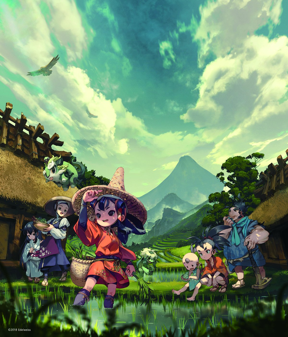 3boys 3girls apron artist_request bald barefoot basket bird black_eyes black_hair cloud cloudy_sky day field grass green_eyes hair_rings hair_tubes hat highres hoe japanese_clothes kaimaru kappa kimono kinta_(tensui_no_sakuna-hime) long_hair mountain multiple_boys multiple_girls muscle myrthe non-web_source official_art outdoors ponytail rice_hat rice_paddy rice_planting sakuna-hime sandals scenery sitting sky source_request squatting standing tama-jii tauemon tensui_no_sakuna-hime wading water yui_(tensui_no_sakuna-hime)