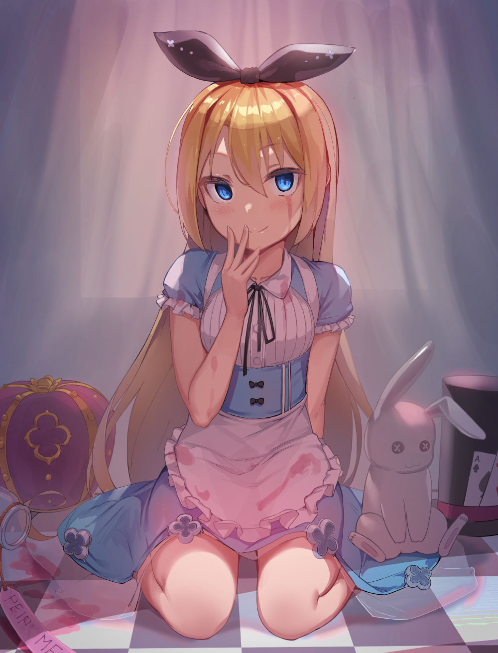 1girl ace_of_spades alice_(wonderland) alice_in_wonderland animal apron bangs black_headwear black_ribbon blonde_hair blood bloody_clothes bloody_tears blue_dress blue_eyes blush bunny button_eyes card checkered checkered_floor closed_mouth crown curtains dress drink_me eyebrows_visible_through_hair frilled_apron frilled_sleeves frills hair_between_eyes hair_ribbon hand_to_own_mouth hand_up hat highres long_hair looking_at_viewer newey playing_card ribbon see-through short_sleeves sitting smile solo spade_(shape) top_hat transparent very_long_hair waist_apron wariza white_apron window x_x