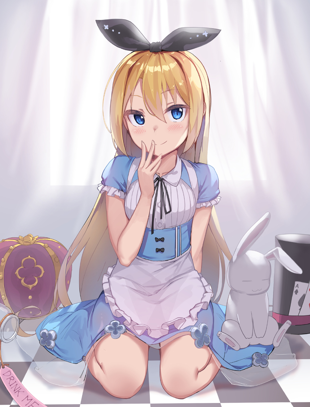 1girl ace_of_spades alice_(wonderland) alice_in_wonderland animal apron bangs black_headwear black_ribbon blonde_hair blue_dress blue_eyes blush bunny card checkered checkered_floor closed_mouth commentary_request crown curtains dress drink_me eyebrows_visible_through_hair frilled_apron frilled_sleeves frills hair_between_eyes hair_ribbon hand_to_own_mouth hand_up hat highres long_hair looking_at_viewer newey playing_card ribbon see-through short_sleeves sitting smile solo spade_(shape) top_hat transparent very_long_hair waist_apron wariza white_apron window