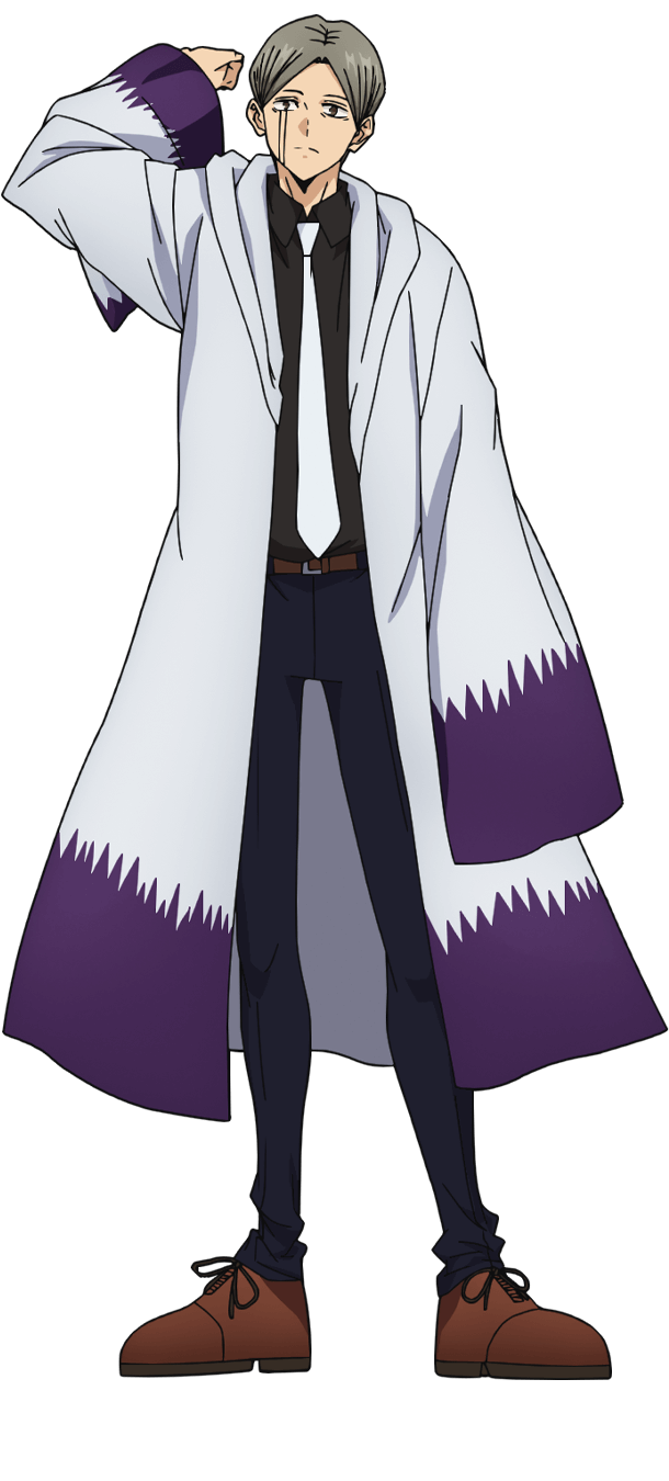 1boy anser_shinri arm_up belt brown_footwear collared_shirt facial_mark full_body highres long_sleeves mashle necktie official_art parted_bangs robe shirt short_hair solo tachi-e transparent_background white_necktie wide_sleeves