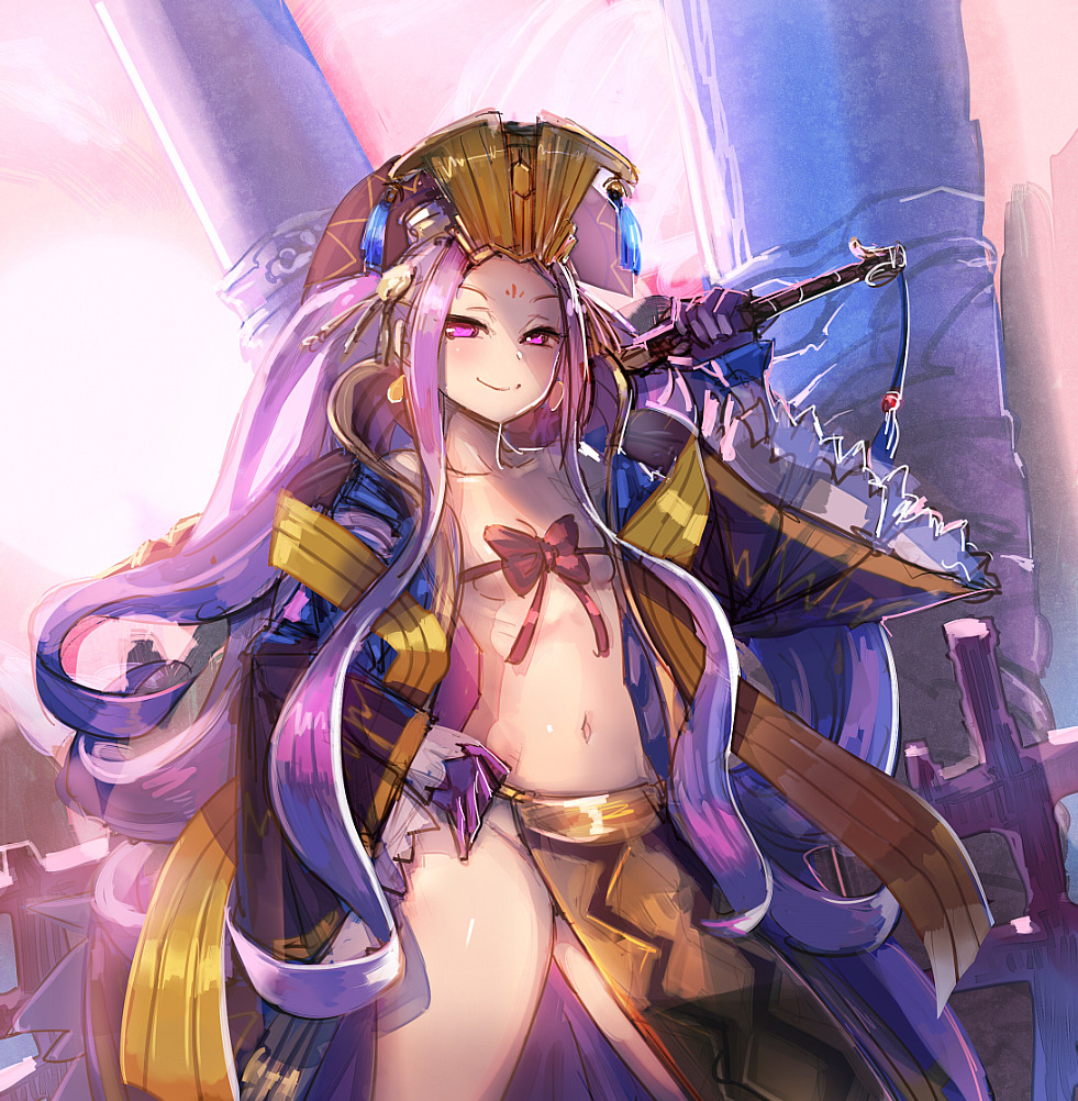 1girl bow bow_(bhp) bow_bra bra closed_mouth cowboy_shot earrings facial_mark fate/grand_order fate_(series) forehead_mark gloves hand_on_hip hand_up hat holding holding_sword holding_weapon jewelry legs_apart long_hair long_sleeves looking_at_viewer navel pelvic_curtain pink_eyes pink_hair purple_gloves purple_hair red_bow revealing_clothes ribbon_bra smile solo standing sword underwear very_long_hair weapon wide_sleeves wu_zetian_(fate/grand_order)