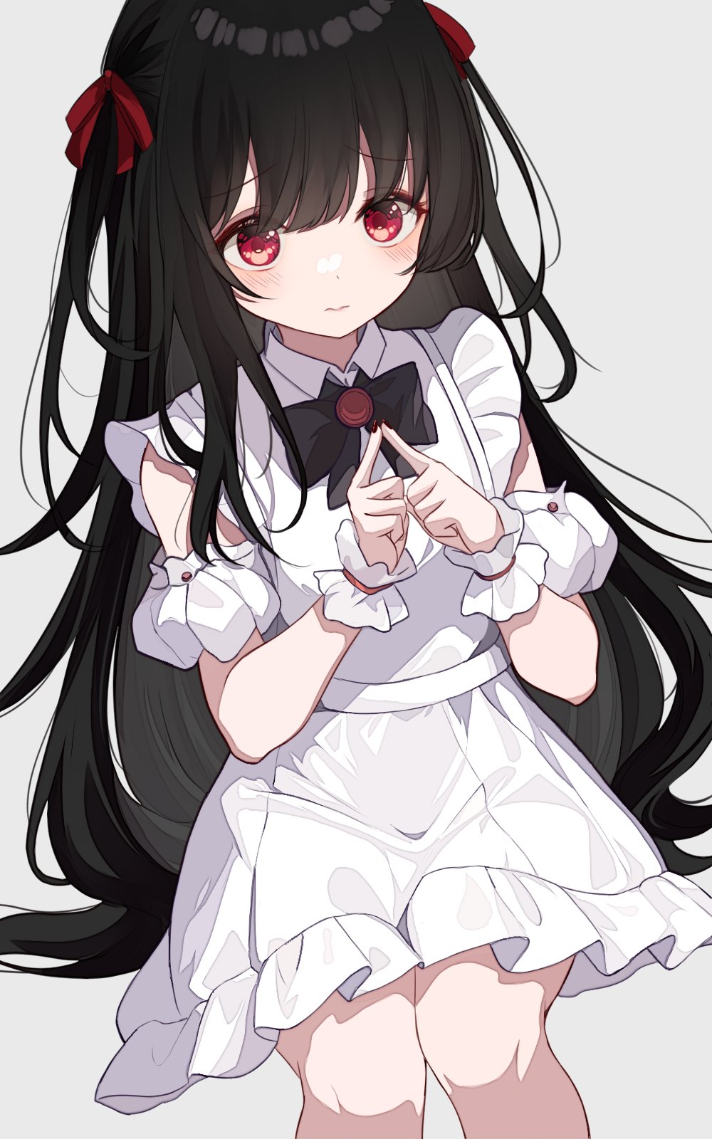 1girl arm_cuffs black_hair black_ribbon blush brown_nails closed_mouth collared_dress commentary dot_nose dress english_commentary eyes_visible_through_hair feet_out_of_frame grey_background hair_between_eyes hair_ribbon hands_up highres index_fingers_together knees_together_feet_apart lace-trimmed_dress lace_trim light_blush long_hair messy_hair nail_polish neck_ribbon nervous nore_th original puffy_sleeves red_eyes red_pupils red_ribbon ribbon simple_background sitting sleeveless sleeveless_dress solo steepled_fingers two_side_up unkempt very_long_hair wavy_hair white_dress white_wrist_cuffs wrist_cuffs