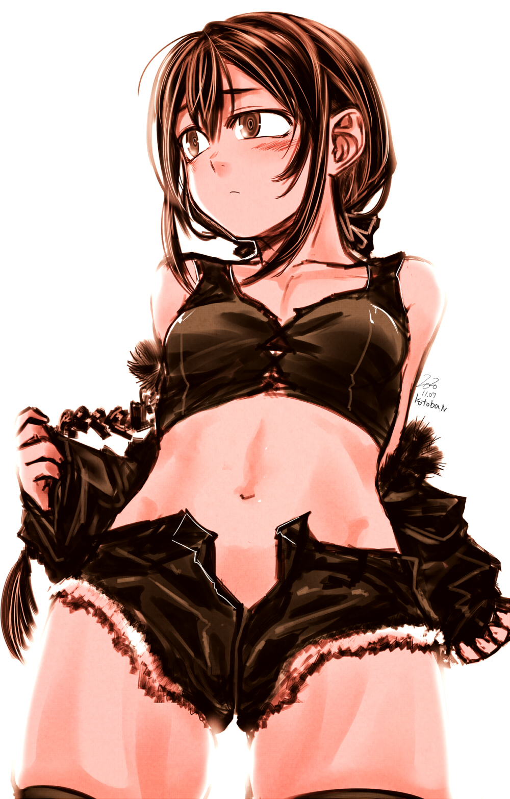 1girl black_jacket black_shorts black_tank_top blush braid brown_eyes brown_hair closed_mouth crop_top dated fur-trimmed_shorts fur_trim highres jacket kotoba_noriaki long_hair long_sleeves looking_to_the_side navel open_clothes open_shorts original removing_jacket ringed_eyes short_shorts shorts signature simple_background single_braid solo tank_top thighhighs undressing white_background