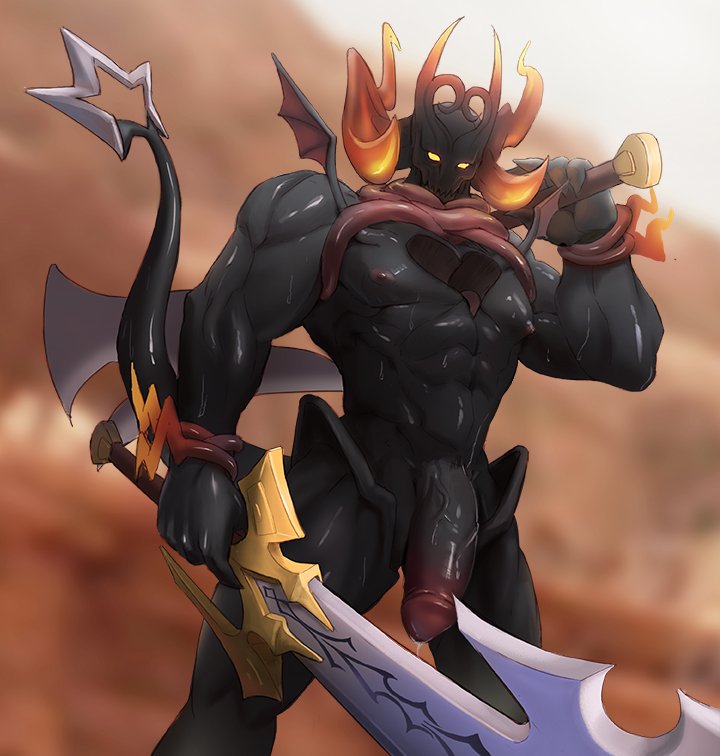 anthro biceps black_body bodily_fluids dark_inferno dripping_precum genital_fluids genitals half-erect heart_marking heartless humanoid_genitalia humanoid_hands humanoid_penis kingdom_hearts male melee_weapon muscular muscular_anthro muscular_male muscular_thighs orange_spikes pecs penis precum small_wings solo spiked_tail spikes spikes_(anatomy) square_enix sword video_games vinnyboi weapon wings yellow_eyes